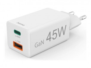  | Hama Netzteil - 45 Watt - 3 A - PD, QC 2.0, QC 3.0 - 2 Ausgabeanschlussstellen (USB Typ A, 24 pin USB-C)