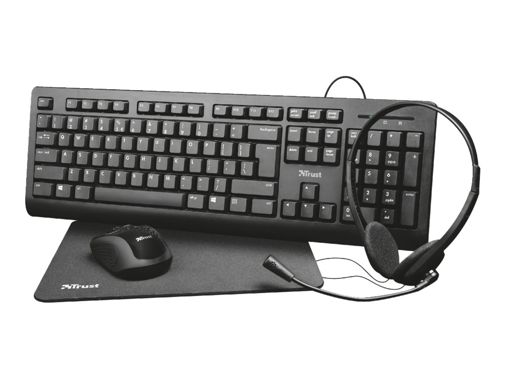 Trust Primo 4-in-1 Home Office Set, USB, DE 
Funk Maus, Tastatur, Mauspad, Headset 
